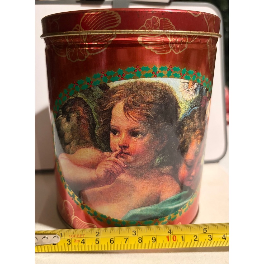 Vintage 1998 Maurice Lenell Cookie Tin Raphael Cherub Angels Red Metallic